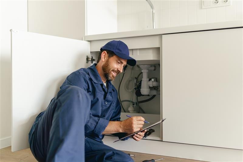 Residential plumber reviewing plumbing repairs in a Buckingham kitchen